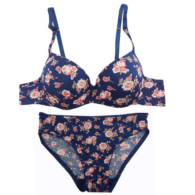 ست شورت و سوتین زنانه مدل اسفنجی فنردار  گلدار رنگ سرمه ای