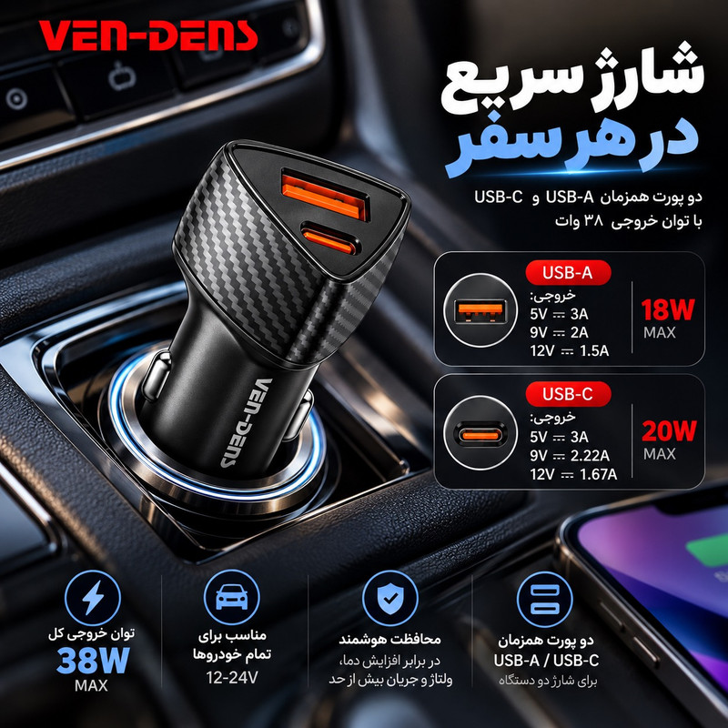 خرید و قیمت شارژر فندکی 38 وات دو پورت وندنز مدل CC021