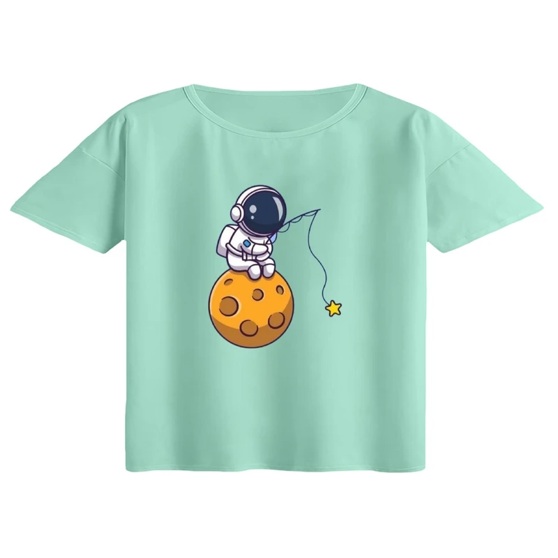 کراپ تی‌شرت آستین کوتاه زنانه مدل فضانورد و ماه کد 3