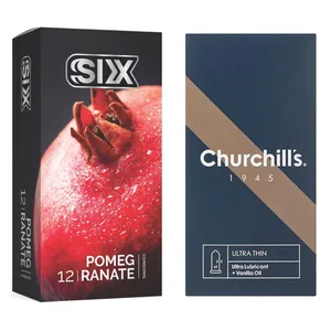 کاندوم چرچیلز مدل Ultra Thin بسته 12 عددی به همراه کاندوم سیکس مدل انار بسته 12 عددی