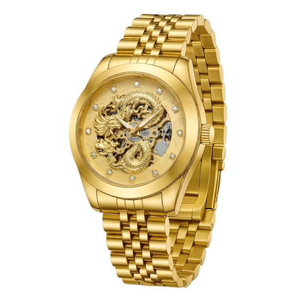 ساعت مچی عقربه‌ای اتوماتیک مردانه مدل لوکس طرح دراگون بند استیل قفل مخفی کد D1