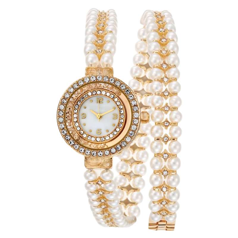 ساعت مچی عقربه‌ای زنانه مدل کوارتز صفحه دور شنی بند مرواریدی دستبندی کد ۱