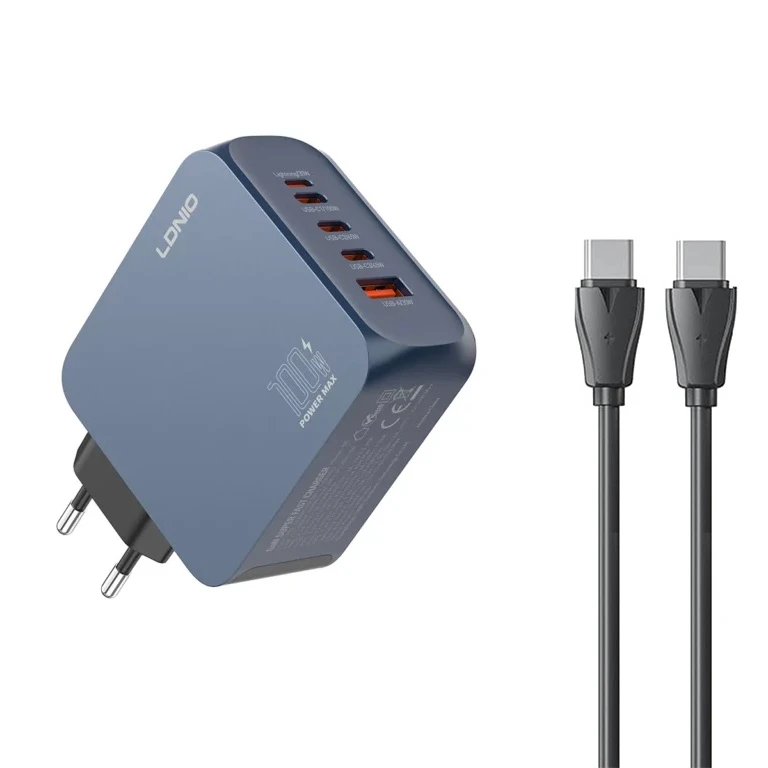 شارژر دیواری 100 وات 5 پورت الدینیو مدل Q8 به همراه کابل USB-C