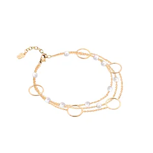 دستبند زنجیری طلا 18 عیار زنانه الی گالری مدل سه رج آرن و مروارید