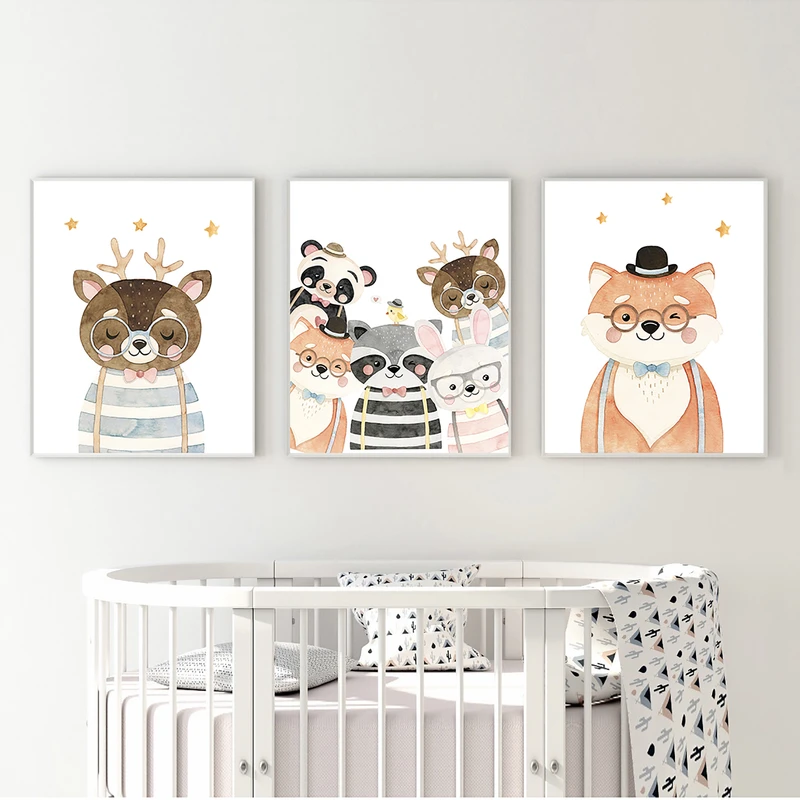 تابلو کودک و نوزاد مدل Elfap_Watercolor Animals Bear Fox مجموعه 3 عددی
