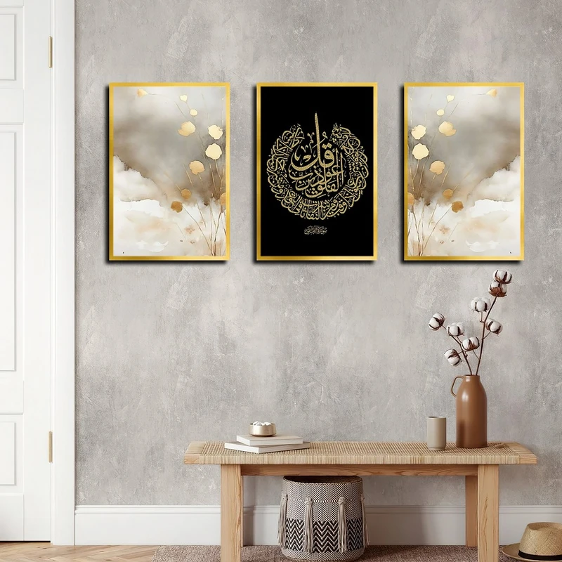 تابلو بکلیت طرح برگ مدل T-3979 فریم طلایی مجموعه 3 عددی