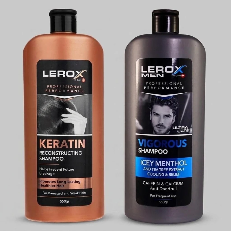 شامپو مو لروکس مدل کراتین حاوی کراتین هیدرولیز شده مناسب موهای شکننده و آسیب دیده، تقویت‌کننده و افزایش استحکام مو به همراه شامپو مو مردانه لروکس مدل Icey Menthol ضد شوره و تقویت‌کننده ریشه حجم 550 میلی‌لیتر هر کدام
