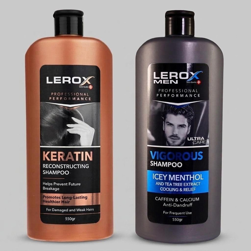 شامپو مو لروکس مدل کراتین حاوی کراتین هیدرولیز شده مناسب موهای شکننده و آسیب دیده، تقویت‌کننده و افزایش استحکام مو به همراه شامپو مو مردانه لروکس مدل Icey Menthol ضد شوره و تقویت‌کننده ریشه حجم 550 میلی‌لیتر هر کدام