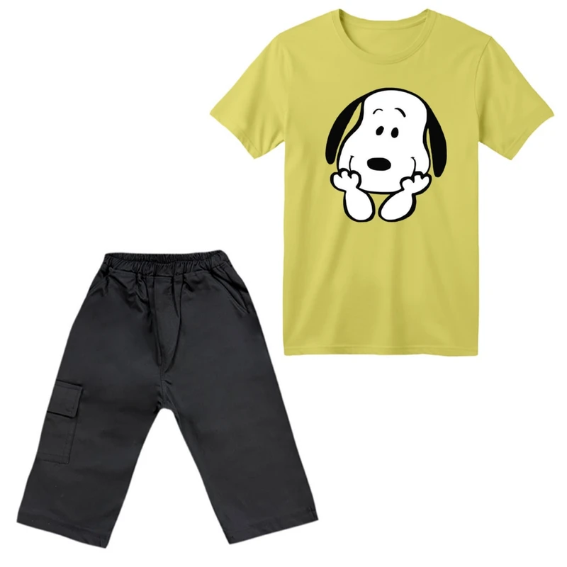 ست تی‌شرت آستین کوتاه و شلوارک پسرانه مدل اسنوپی کد ۷۰ رنگ لیمویی