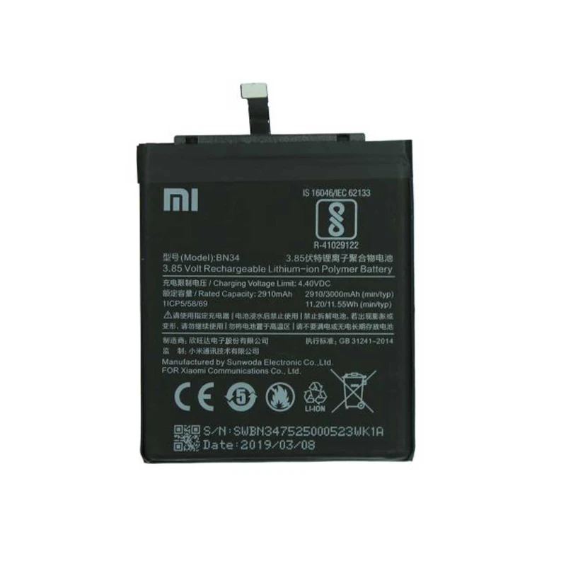 باتری موبایل مدل BN34 ظرفیت 3000 میلی آمپر ساعت مناسب برای گوشی موبایل شیائومی REDMI 5A 