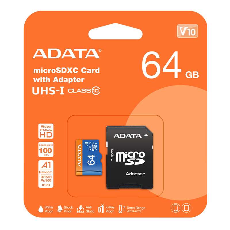 کارت حافظه microSDXC ای دیتا مدل Premier کلاس 10 استاندارد UHS-I V10 A1سرعت 100MBps ظرفیت 64 گیگابایت به همراه آداپتور کارت حافظه microSDXC ای دیتا مدل Premier کلاس 10 استاندارد UHS-I V10 A1سرعت 100MBps ظرفیت 64 گیگابایت به همراه آداپتور