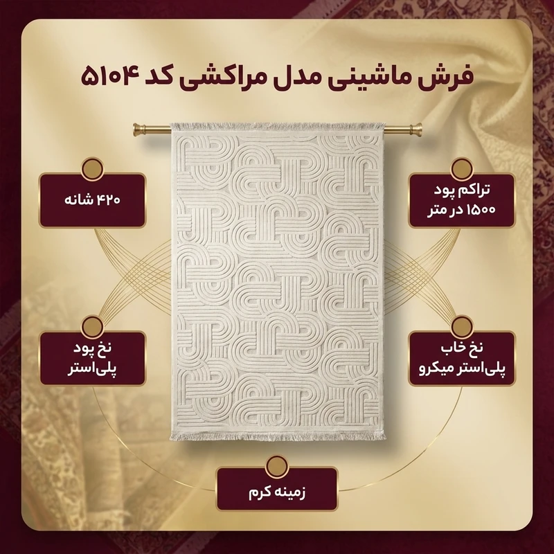 عکس شماره 2 : فرش ماشینی 420 شانه زمینه کرم حاشیه کرم مدل پینترستی و مراکشی کد 5104