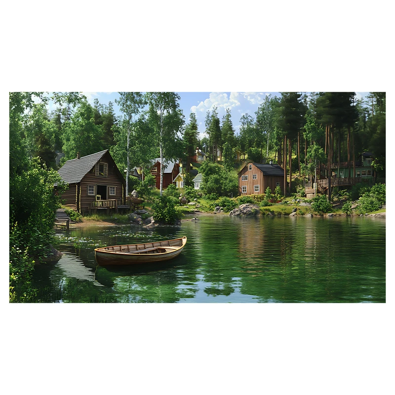 فرش پارچه‌ای مدل فرشینه طرح کلبه های چوبی دریاچه آرام کد AR3060319