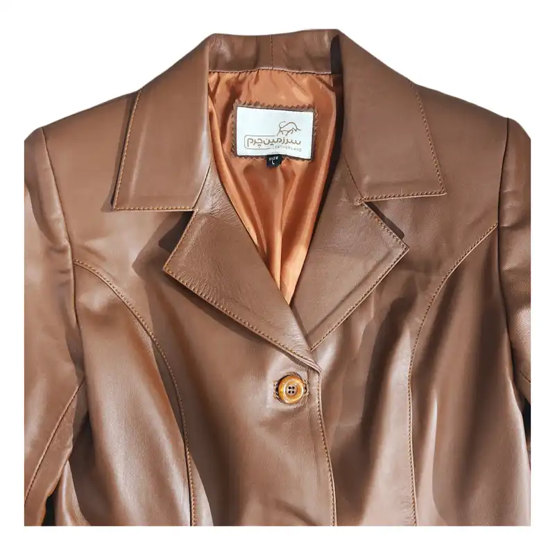 کت چرم زنانه سرزمین چرم مدل نیلوفر رنگ عسلی