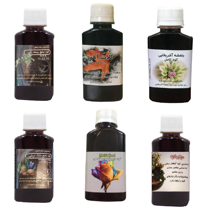 کود مایع فسفر ریشه زایی 10-52-10 و کلات آهن و کود بنفشه آفریقایی و جلبک دریایی و کود گلدهی و مولتی کود مدل life drop حجم 120 میلی لیتر