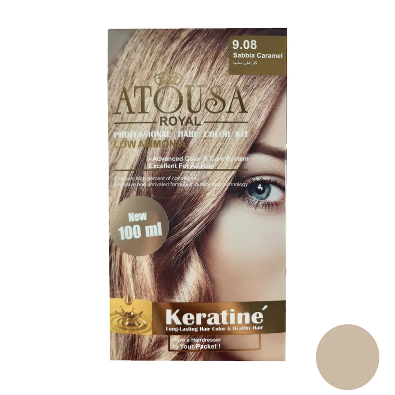 کیت رنگ مو آتوسا رویال شماره 9.08 حجم 100 میلی لیتر رنگ کاراملی سابیا
