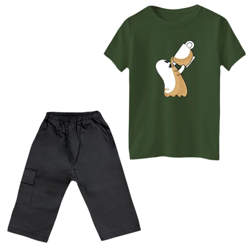 ست تی‌شرت و شلوارک پسرانه مدل روح و قهوه