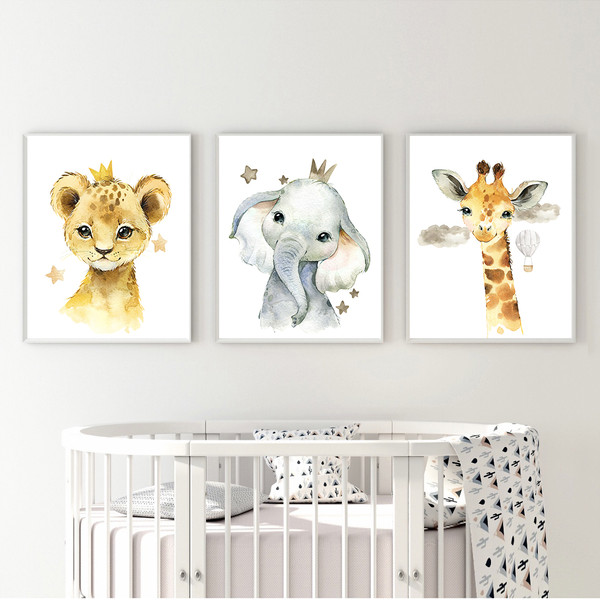 تابلو اتاق کودک و نوزاد الفاپ مدل زرافه فیل شیر کد Watercolore Animals 003 مجموعه 3 عددی