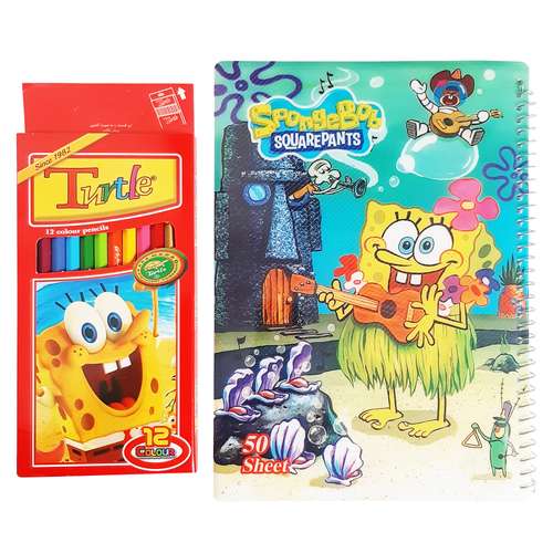 دفتر نقاشی 50 برگ طرح باب اسفنجی به همراه مداد رنگی