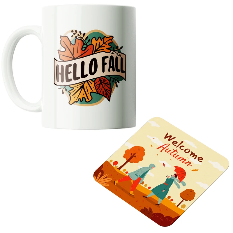 ماگ پاد آفرین مدل فصل پاییز برگ پاییزی خزان کد PZ327 به همراه زیرلیوانی