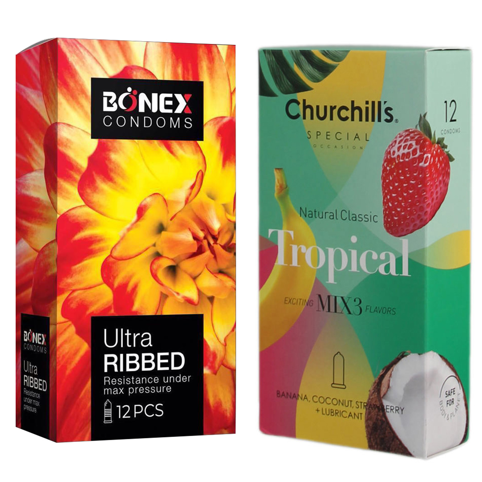 کاندوم چرچیلز مدل Tropical بسته 12 عددی به همراه کاندوم بونکس مدل Ultra Ribbed بسته 12 عددی 