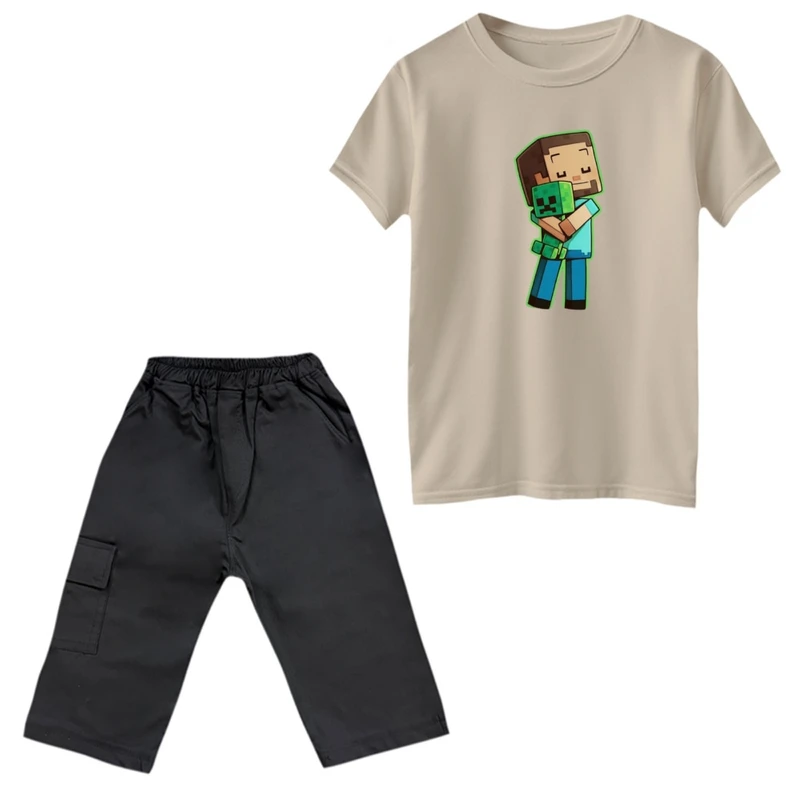 ست تی‌شرت و شلوارک پسرانه مدل ماینکرفت کد 13 رنگ کرم