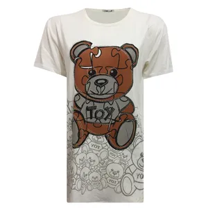 تی شرت آستین کوتاه زنانه مدل نخی تدی ویسکوز نگینی چاپی کد tm-2258 رنگ سفید