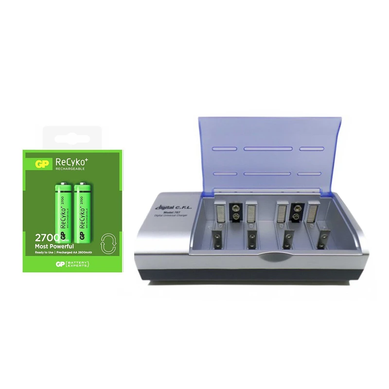 شارژر باتری دیجیتال سی.اف.ال مدل 707 به همراه بسته 2 عددی باتری قلمی شارژی 2700mAh