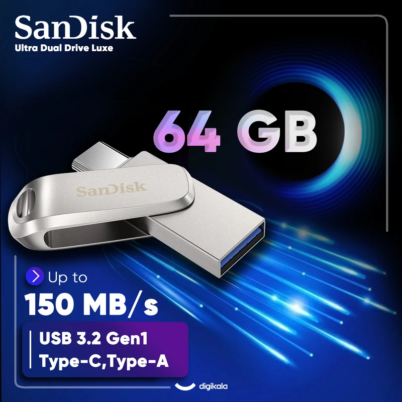عکس شماره 3 : فلش مموری سن دیسک مدل ultra dual drive luxe ظرفیت 64 گیگابایت با دو رابط usb تایپ سی و usb 3.2 gen1، بدنه فلزی چرخشی، سرعت انتقال 150 مگابایت بر ثانیه و سازگار با گوشی، تبلت، کامپیوتر و تلویزیون