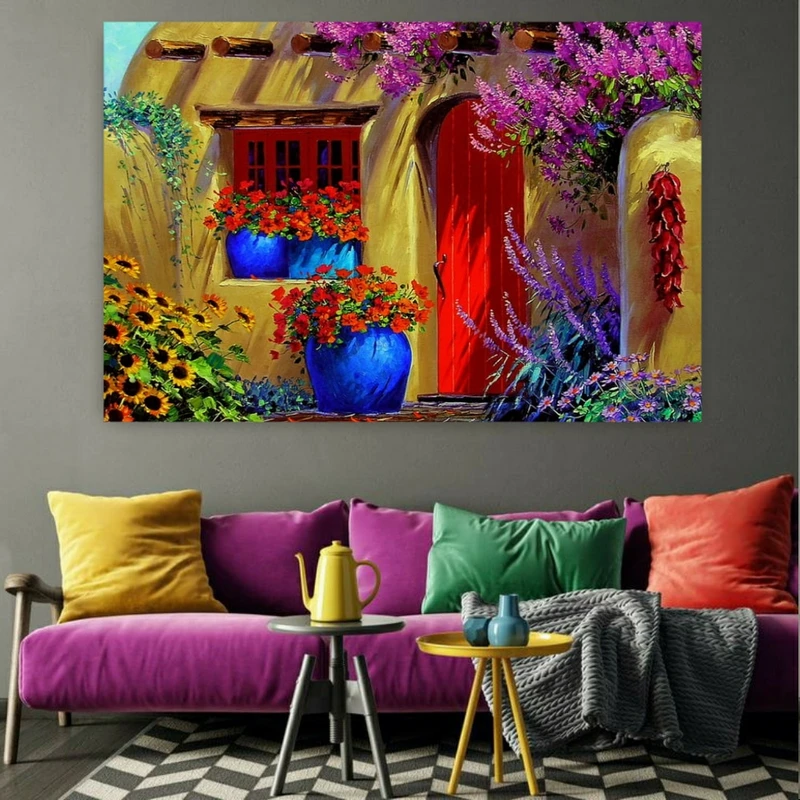 تابلو بوم طرح مخمل مدل خانه سنتی گلی کد BK1168