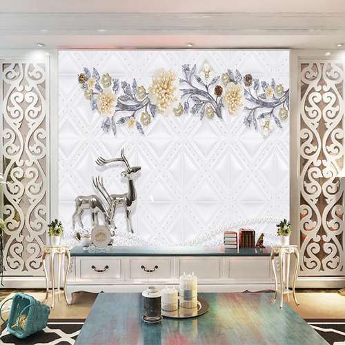 پوستر دیواری سه بعدی مدل شاخه گل برجسته گوزن زمینه هندسی DCRF1230