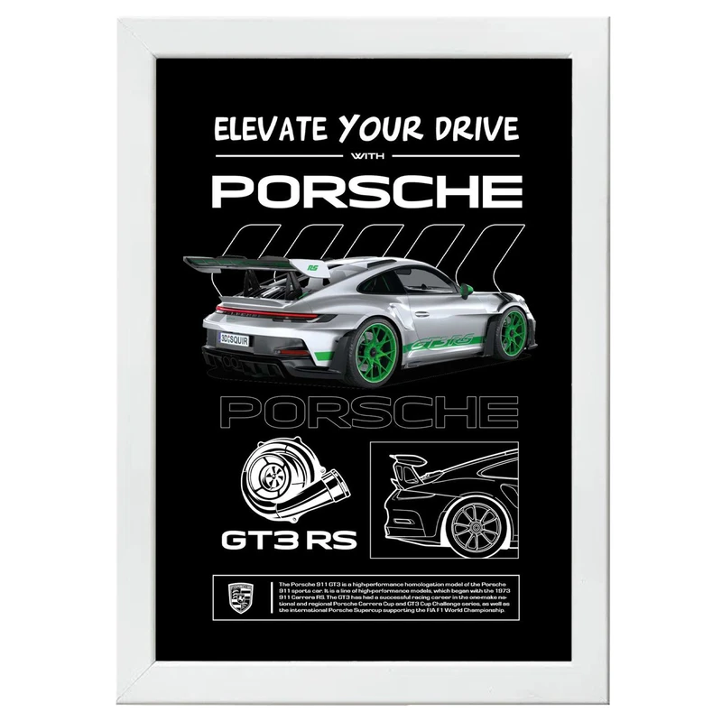 تابلو بکلیت طرح ماشین و خودرو پورشه PORSCHE 911 GT3 RS مدل W-po1567 فریم سفید