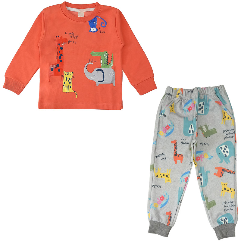 ست تی شرت و شلوار پسرانه مدل حیوانات کد 3512 رنگ نارنجی