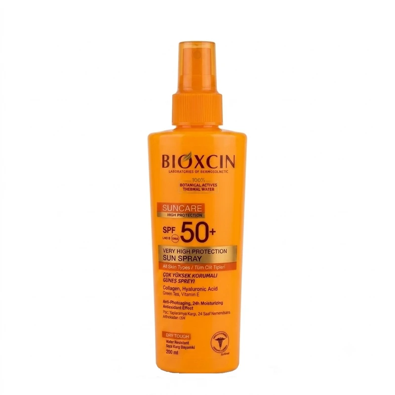 اسپری ضد آفتاب بی‌رنگ بیوکسین SPF 50 مدل High protection ‌محافظ UVA/UVB مناسب برای انواع پوست حجم 200 میلی‌لیتر