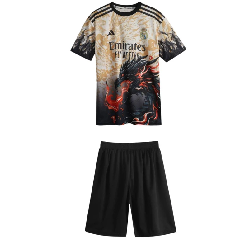 ست تی‌شرت آستین کوتاه و شلوارک ورزشی پسرانه مدل دراگون رئال مادید طرح امباپه کد k2026