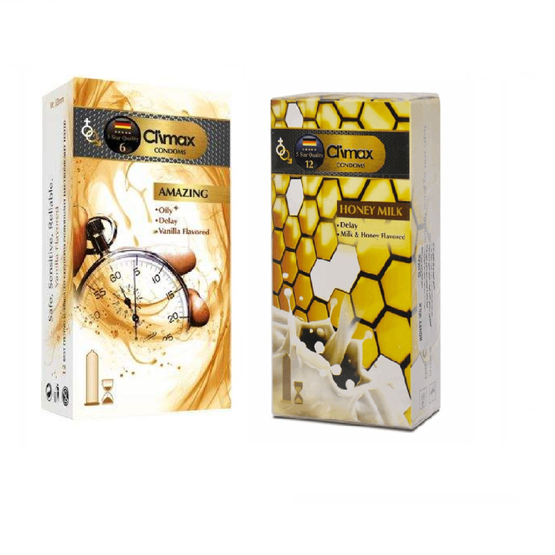 کاندوم کلایمکس مدل AMAZING بسته 12 عددی به همراه کاندوم کلایمکس مدل Honey Milk بسته 12 عددی کاندوم کلایمکس مدل AMAZING بسته 12 عددی به همراه کاندوم کلایمکس مدل Honey Milk بسته 12 عددی