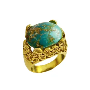 انگشتر نقره زنانه مدل تاج شبکه ای با روکش طلا و فیروزه نیشابوری 03-40