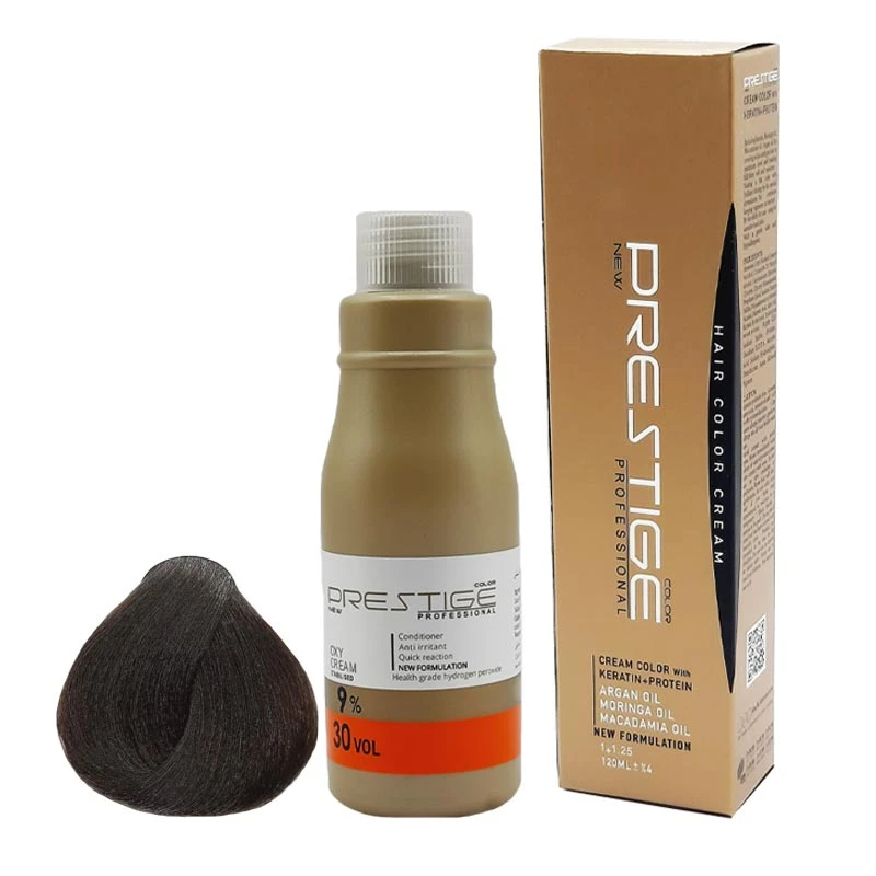 رنگ مو نیو پرستیژ کالر شماره 5.3 حجم 120 میلی لیتر رنگ قهوه ای زیتونی روشن به همراه اکسیدان مدل 2 نه درصدی حجم 150 میلی لیتر