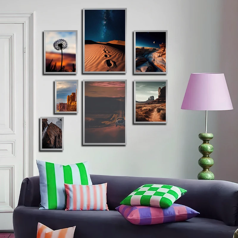 تابلو بکلیت طرح کویر و قاصدک مدل SI-3366 فریم نقره ای مجموعه 7 عددی