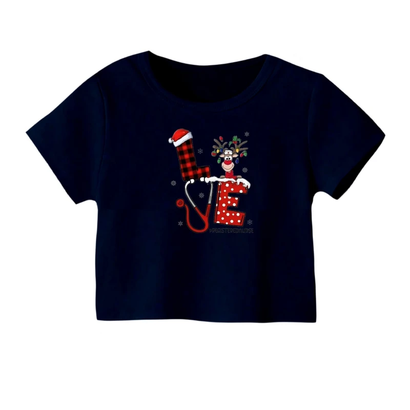 کراپ‌ تی‌شرت آستین کوتاه زنانه مدل گوزن کریسمس کد 9
