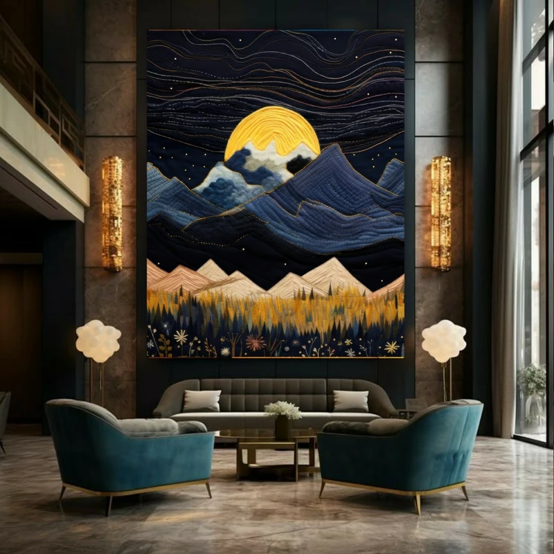 پوستر طرح مخمل نقاشی انتزاعی مدل کوهستان و خورشید کد N170