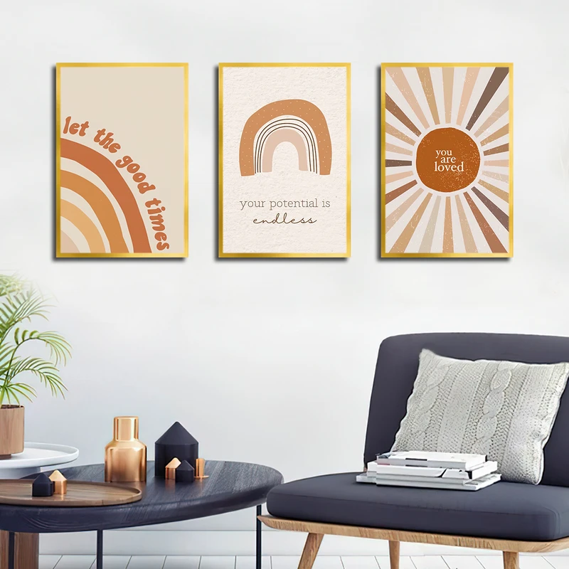 تابلو بکلیت طرح نقاشی مینیمال خورشید و رنگین کمان مدل T-3691 فریم طلایی مجموعه 3 عددی