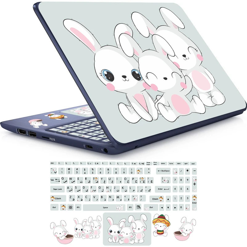استیکر لپ تاپ راتیانا مدل bunny friends  مناسب برای لپ تاپ 15 تا 17 اینچ به همراه برچسب حروف فارسی کیبورد