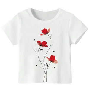 تی‌شرت آستین کوتاه دخترانه مدل W107 طرح گل قرمز