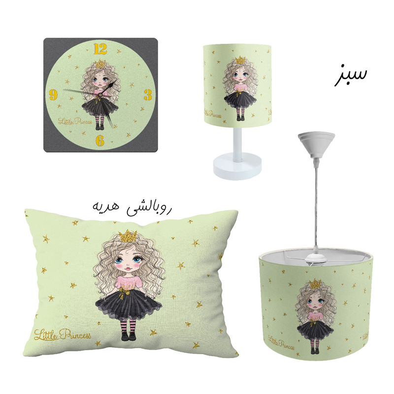 آباژور و لوستر کودک طرح دختر موفرفری مدل LBR-SET-003 به همراه ساعت و بالش