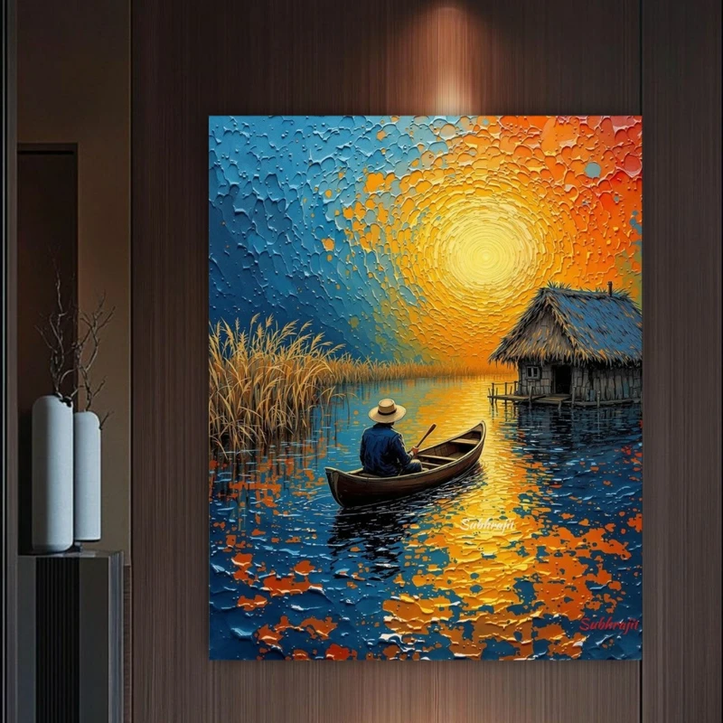 پوستر پارچه ای طرح مخمل نقاشی برکه مدل غروب خورشید کد BK24684