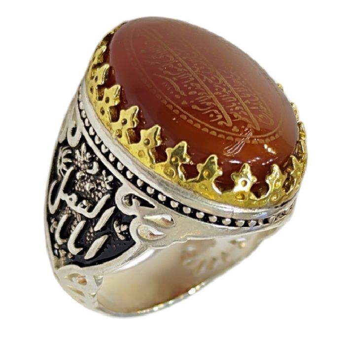 انگشتر نقره مردانه مدل سنگ عقیق خطی طرح آیت الکرسی رکاب دست ساز کد 3800 -  - 7
