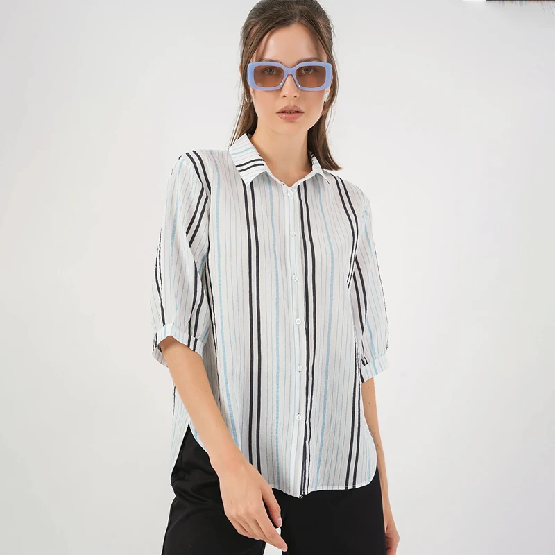 شومیز زنانه آستین کوتاه نخی راه‌راه بیگ دارت مدل 5040507675313