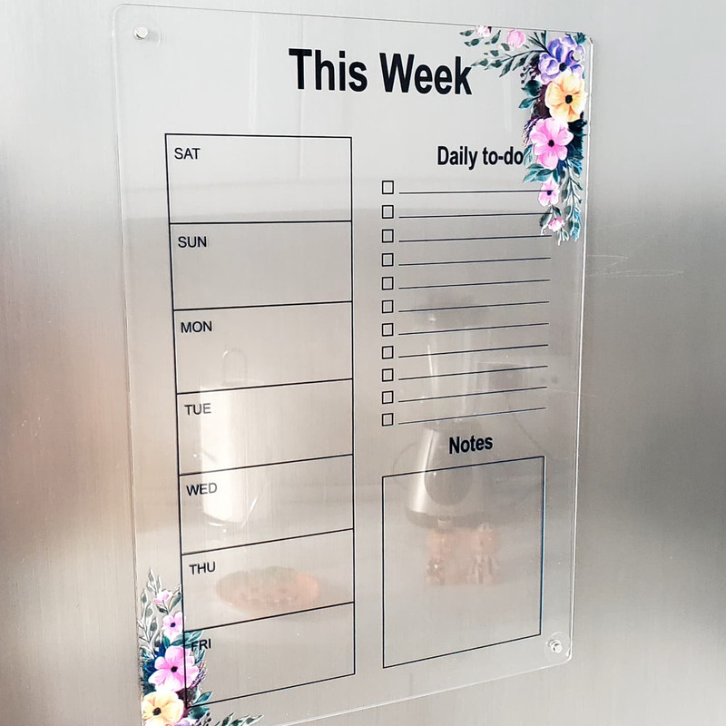 تخته وایت برد مدل پلنر هفتگی گل دار سایز 20*30 سانتی متر