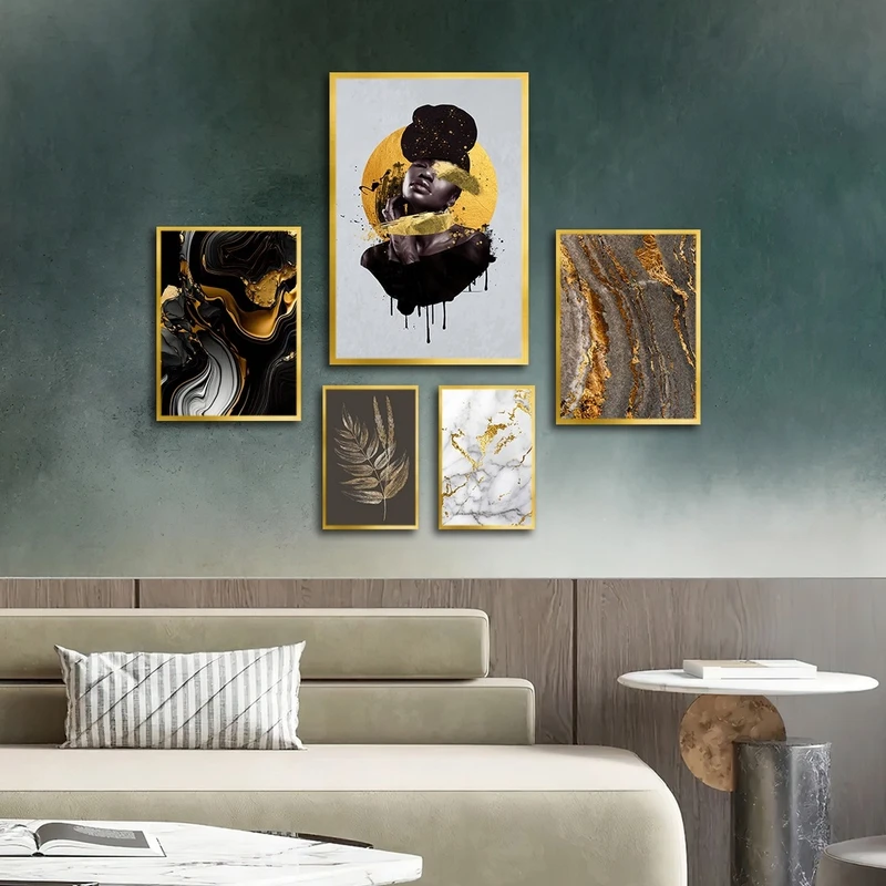 تابلو ساده بکلیت طرح مدرن مرمر و چهره مدل شاین اکلیلی T-2612 فریم طلایی مجموعه 5 عددی